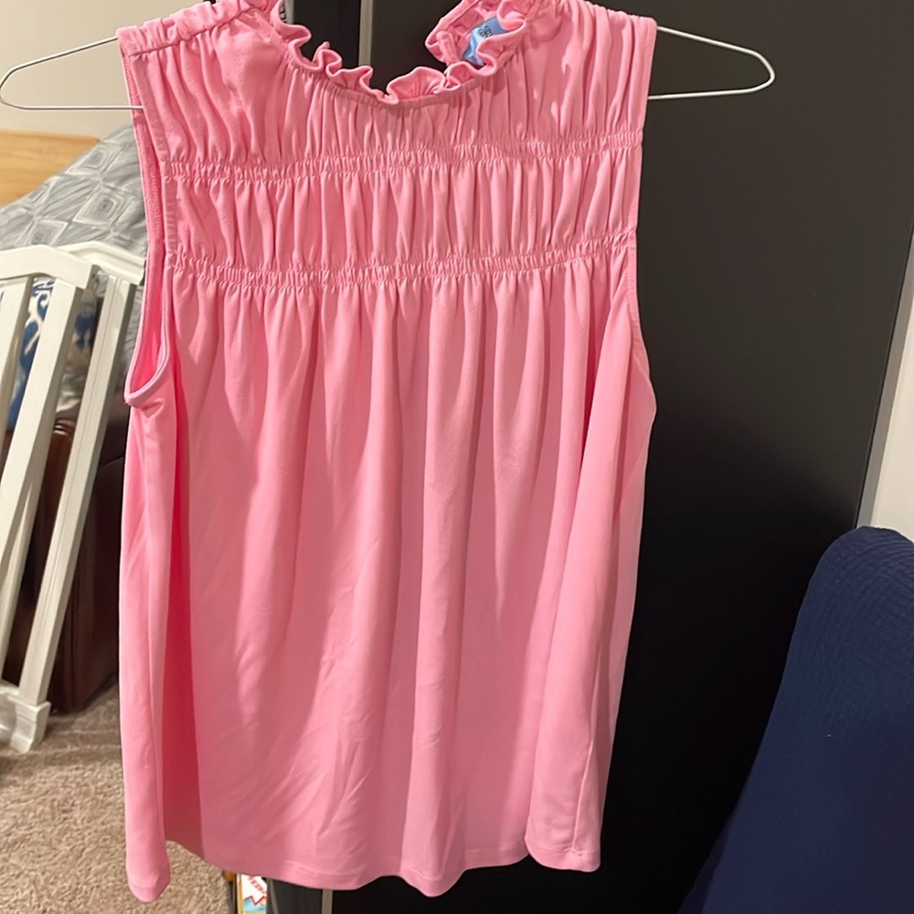 CeCe Small cotton candy pink sleeveless shirt w/ruffle detail at neck